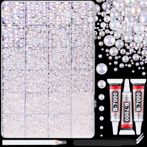 Image of 13000Pcs Flatback Pearls for Crafting (White AB), Assorted Size 2 /3 /4 /5 /6 /8 /10mm Half Pearl with 3Pcs 10ml B7000 Jewelry Glue, Bedazzling Bead for DIY Crafts Clothing Tumblers Shoes Nail Art