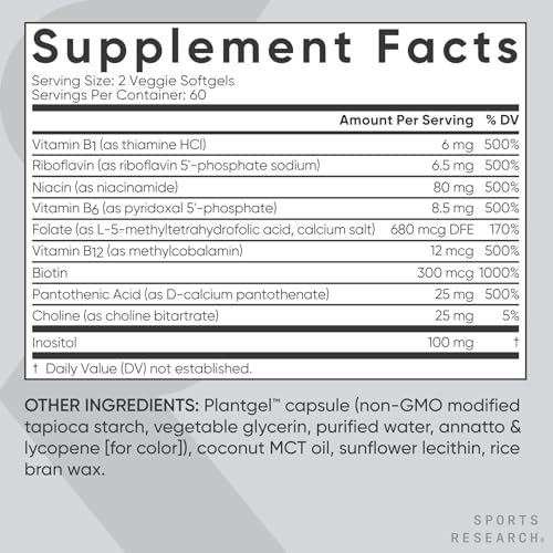 Sports Research® Vitamin B-Complex - Full Spectrum of B Vitamins with Methylated B12 & Folate - Gluten Free · Plant-Based · Non-GMO · Vegan-Friendly Formula - 120 Veggie Softgels - Image 6