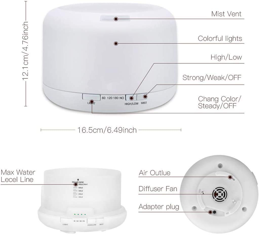 300mL/500mL Ultrasonic Air Humidifier with Waterless Automatically Shut-Off, 7 Colorful LED Lights, Aromatherapy Essential Oil Diffuser for Home, Office, Bedroom, Baby Room, SPA (500ML)