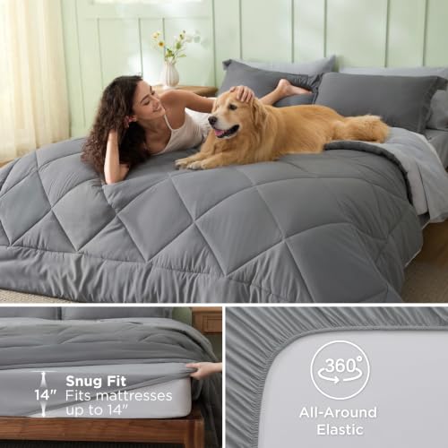 Image of Bedsure Queen Bed in a Bag Reversible Two-Tone 7 Pieces Grey /Light Grey | All seasons, inclusive, reversible, lightweight, soft, breathable, with sheets, bedding set, machine-washable