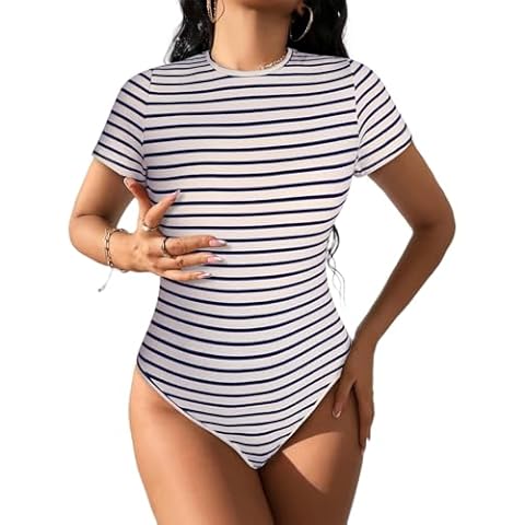 LilyCoco Womens Short Sleeve Striped Bodysuit Cover