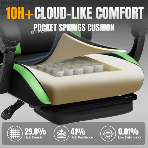 Image of GTPLAYER Gaming Chair with Pocket Spring Cushion, Leather Office Chair with Ergonomic High Back & Lumbar Support for Back Pain Relief, Computer Game Chair for Adults, Grass Green