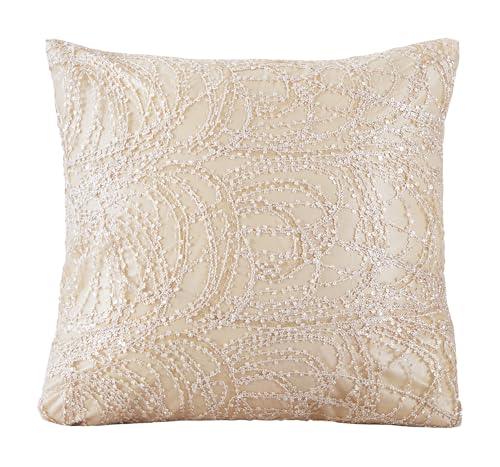 Violet Linen Florance Embellished Beaded Pattern, Polyester, Clear Sequins Embroidered Lace Knitted, Solid Satin Fabric Backing, Gold, 18 Inch x 18 Inch, Square, Decorative Accent Throw Pillow Cover