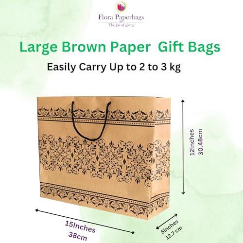 Image of Flora Paperbasg - Large B12x15x4.5 Inches Pack of 15pcs Large Brown Kraft Paper Bags Bulk with Black color Rope Handle Ideal for Shopping, Packaging Retail Part, Craft Gift Wedding Recycled Business