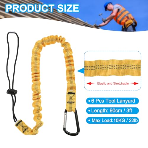 Image of MECCANIXITY Retractable Tool Lanyard 3ft with Single Aluminum Buckle and Adjustable Loop End, Maximum Weight Limit 10KG / 22lb, Safety Fall Protection Tools Leash, Yellow 6 Pack