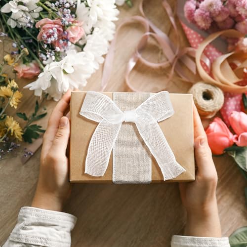 Burlap Wired Ribbon 1-1/2 Inch x 10 Yards Solid Wired Edge Ribbon for Big Bows, Wreaths, Outdoor Decoration, Gift Wrapping, Fall Crafts, Flower Bouquets, Garland (White)