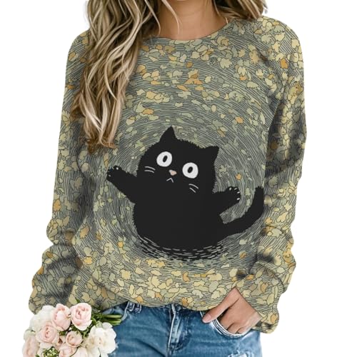HOTYD Cute Cat Sweatshirts for Women Long Sleeve Crewneck Sweatshirt Pullover Cat Graphic Shirts Casual Fall Sweatshirts