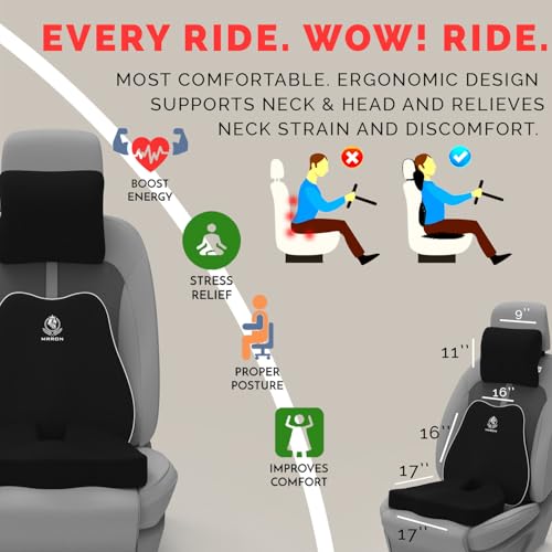 Image of MRRON Memory Foam Posture Corrector Car Seat Cushions Combo | Orthopedic Backrest, Coccyx Cushion & Neckrest | Ergonomic Lumbar Comfort Seat Cushion | Reduces Sciatica, (Black, Slim backrest)