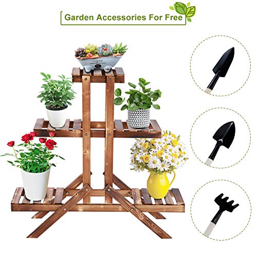 Plant Stand Indoor Outdoor Wooden Flower Display Storage Shelves Rack 3 Tier Ladder Pots Plants Holder for Garden Lawn Patio Office Living Room Balcony Brown