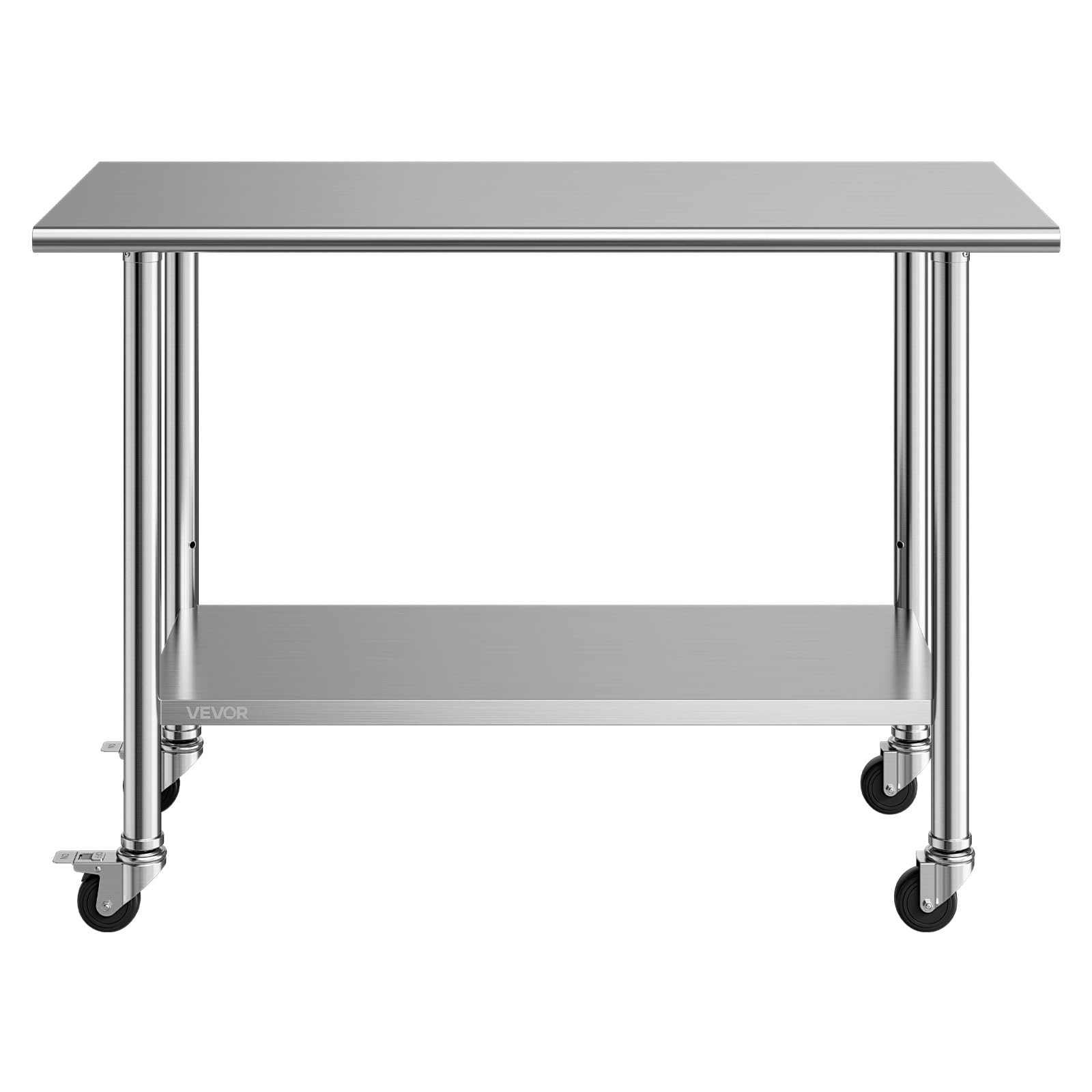 VEVOR Mesa de Preparación con Ruedas 122 x 61 x 86,4 cm, Mesa de Trabajo de Acero Inoxidable 2 Niveles, con Estante Inferior Ajustable, Bordes Redondeados, para Restaurantes, Hoteles, Cocinas