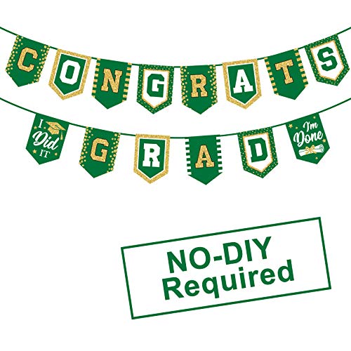 Image of 2025 Green Graduation Banner - No DIY Required Graduation Party Supplies Decorations Grad Banner for College, High School Party (Green Gold Congrats Grad)