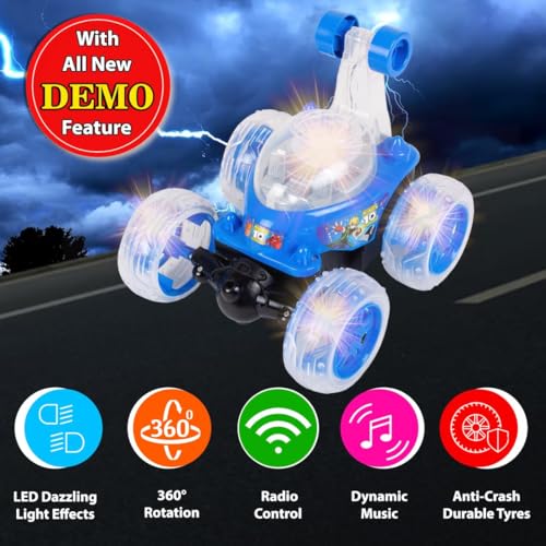 Image of 360 Rotating & Rolling Big Stunt Car Toy with USB Cable & Remote Controller with Demo Feature Rechargeable 5 Functions | Multicolor, Power Source: Lithium Battery in Car (Included)-New