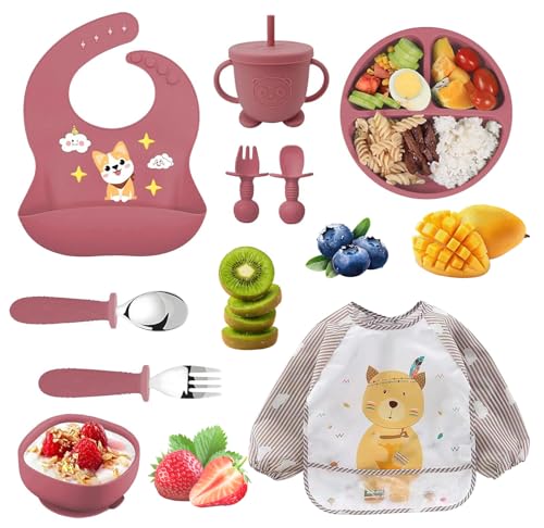 Set Pappa per Bambini 9 Pezzi Svezzamento Completo, Piatto e Ciotola in Silicone con Ventosa Antiscivolo, Cucchiaio Forchetta Bavaglino, Stoviglie Sicure per Neonati e Bambini