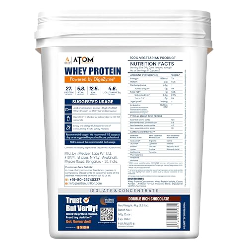 Image of AS-IT-IS ATOM Whey Protein 4kg | 27g protein | Isolate & Concentrate | Double Rich Chocolate | USA Labdoor Certified | With Digestive Enzymes for better absorption