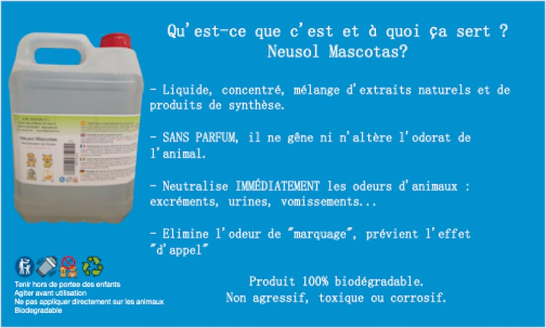 Mascotas 5L - Elimine instantanément Les odeurs d'animaux domestiques. Anti-Odeur pour Tous Types d'animaux (Chiens, Chats...) et Applications (canapés, litières, Lits) sans Parfum