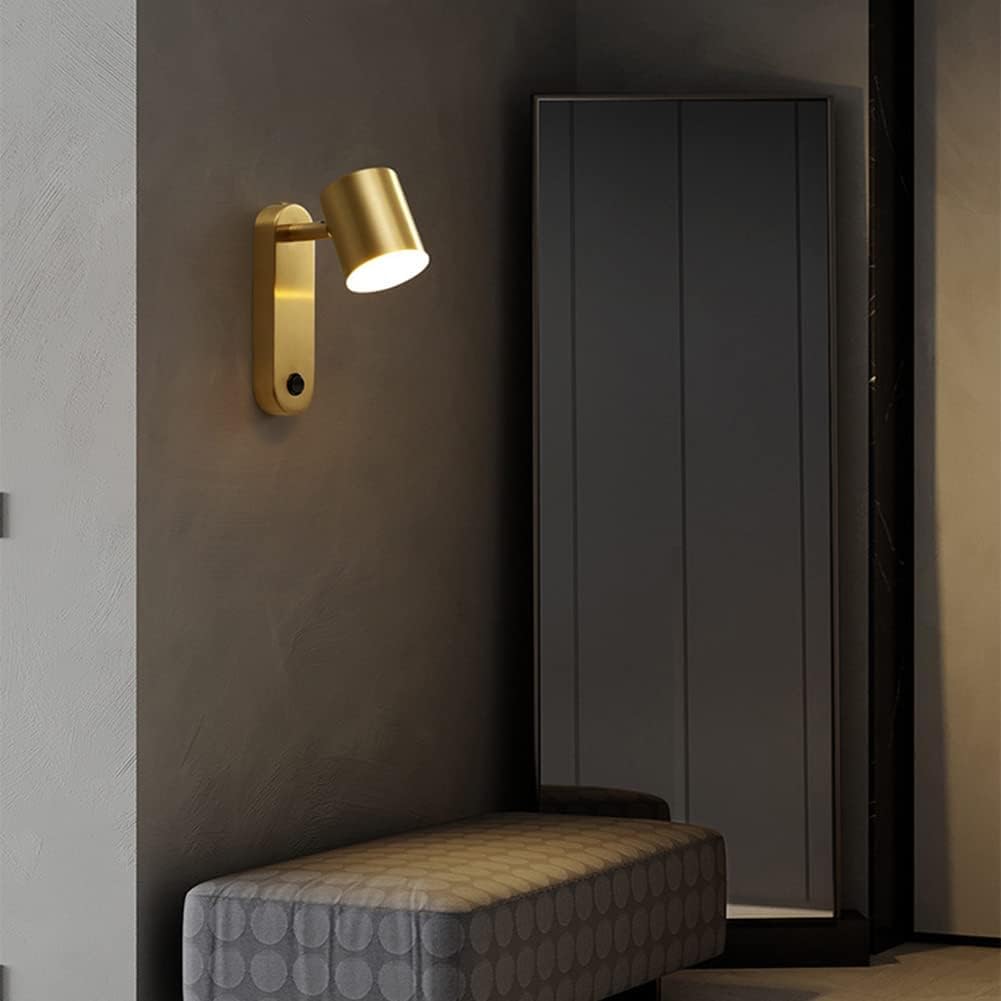 OOWOKS Applique a LED 7W per interni in ottone con interruttore, lampada da comodino per camera da letto, applique orientabile per soggiorno, illuminazione per hotel, lampade decorative