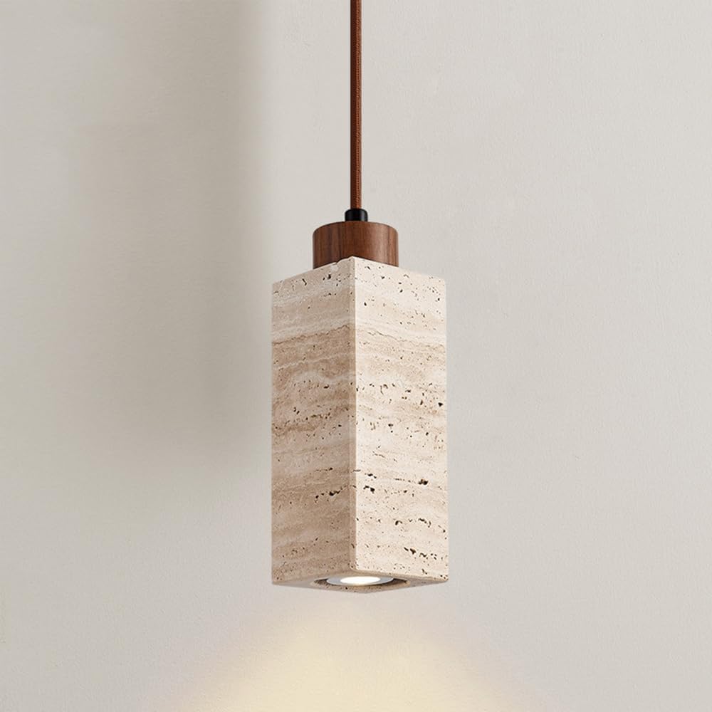 Lámpara suspendida de diseño en piedra natural tallada y detalles de madera noble de 23cm