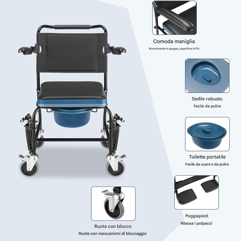 BAKAJI Sedia da doccia per Anziani Comoda con Secchio Rimovibile e Coperchio, Ausilio WC con Braccioli Basculanti, Rialzo Water Resistente, Sedia a Rotelle Persone con Mobilità Ridotta, Max. 110kg
