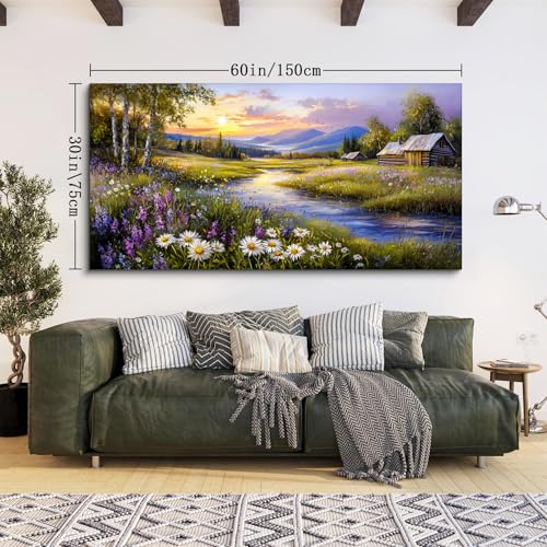 SERIMINO Large Wall Art for Living Room, River Landscape Wall Art, Meadow Wildflower Canvas Art Prints, Countryside Sunset Paintings Wall Decor for Bedroom, Farmhouse Kitchen Decor Pictures 30"X60"