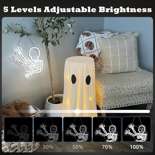 Image of JURONG Waving Skeleton Skull Neon Signs for Wall Decor, Halloween Ghost Neon Light Up Signs, USB Powered, Dimmable LED Sign for Halloween Party Bedroom, Man Game Room, Kid's Room, Bar, Club, Shops Decor