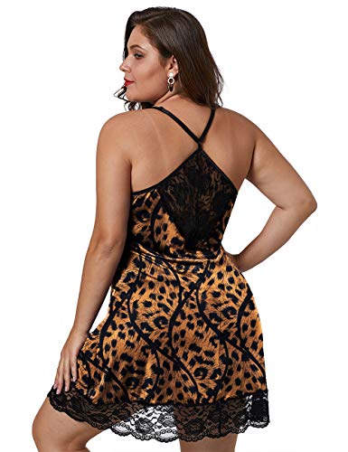 Xakalaka Women Plus Size Babydoll Lingerie Back Crisscross Lace Trim Chemise Sleepwear Leopard-1 4X #TOP1