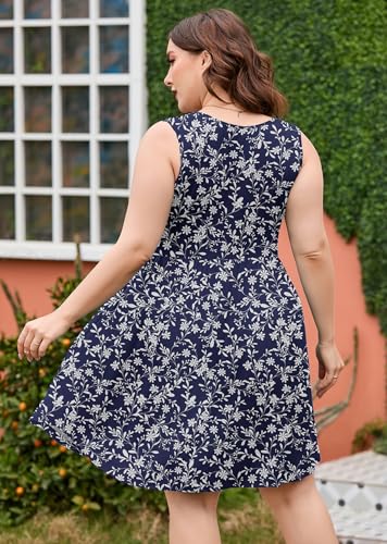 Image of AusLook Plus Size Summer Tank Dress for Women Casual Sleeveless Crewneck Pleated Babydoll Swing Sundresses with Pockets 1X-5X