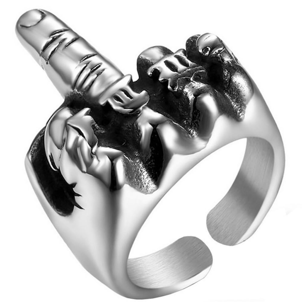 Gothic Rings for Man Women, Stainless Steel Silver Middle Finger Ring Hip Hop Open Punk Ring Mens Biker Rings Adjustable Jewelry Gift