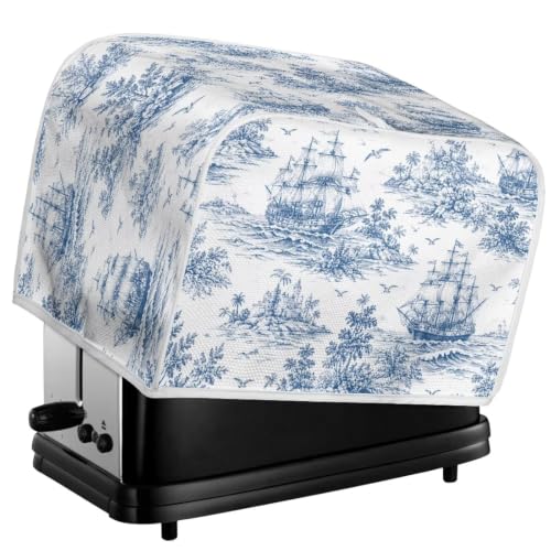 Image of Talayituse Toile De Jouy Sailboat Print 2 Slice Toaster Dust Covers Kitchen Small Appliance Cover, Stain Resistant Dust Protection Bread Machine Cover with Top Handle, S