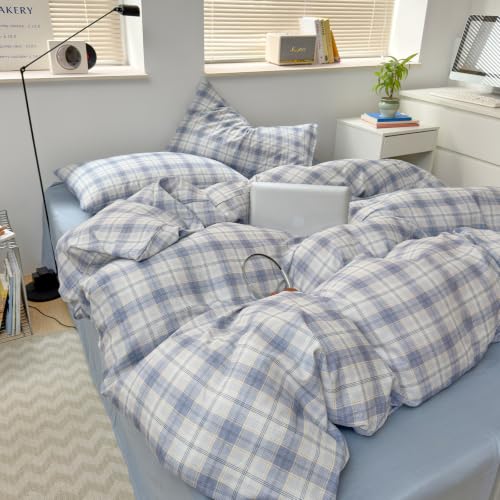 Image of EAVD Gingham Duvet Cover Full Blue Yellow Grid Plaid Duvet Cover Set | Soft Muslin Cotton 3-Piece Gingham Bedding Set 1 Duvet Cover with 2 Pillowcases Geometric Pattern Zipper Closure Corner Ties