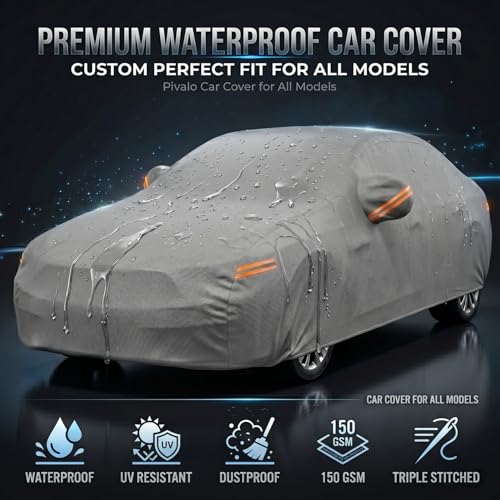 Image of Pivalo Car Cover for Tata Sierra All Model & Years with Mirror Pocket 100% Waterproof Triple Stitched Bottom Elastic Dust, Heat & UV Resistant Full Body Protection (Grey with Highlighter)