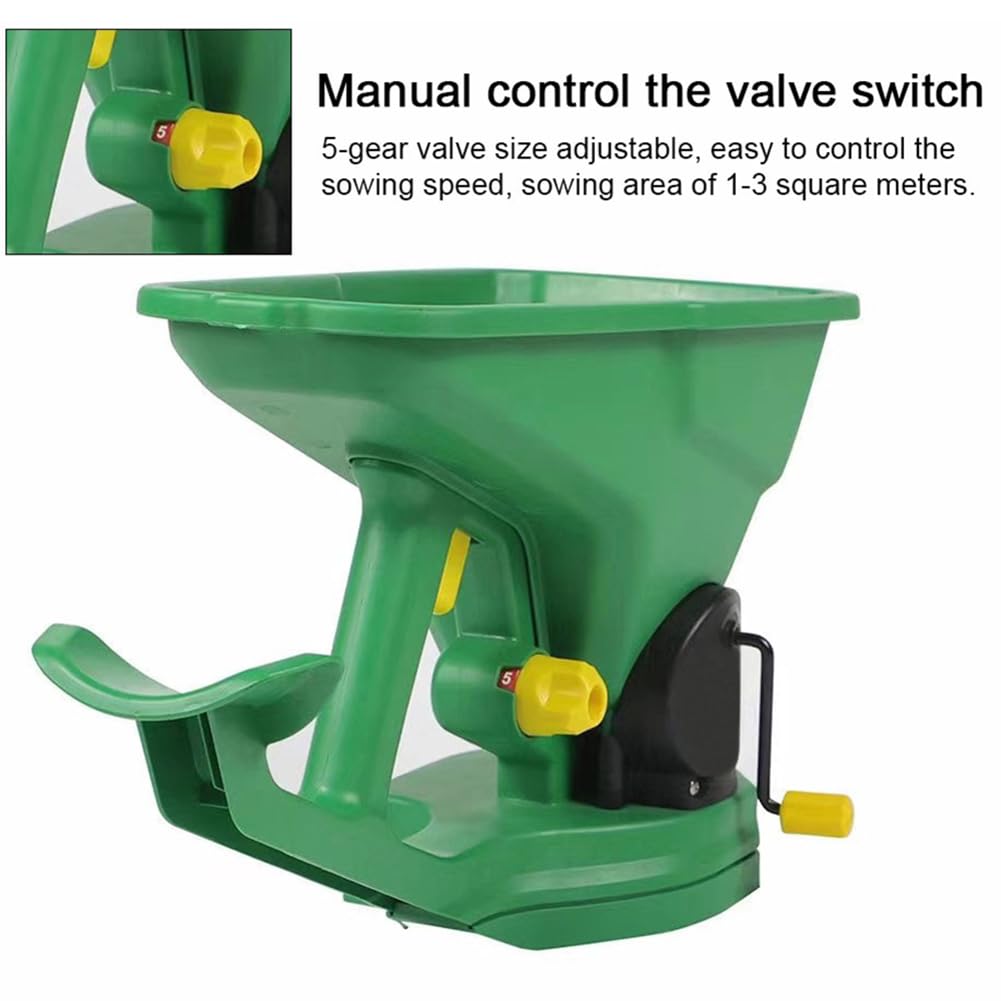 Esparcidor manual de semillas, sembradora de mano de 1,5 L con 5 engranajes ajustables para sembrar, fertilizar y derretir nieve para jardín y césped