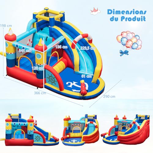 GOPLUS Inflatable Pirate Castle, with Slide, Water Gun and Trampoline, Pool and Climbing Wall, for 3-4 Children 3-12 Years Up to 120 kg, 360 x 290 x 200 cm (Pirate+450 W Inflator)