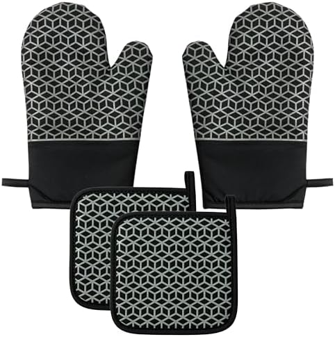 Oven Mitts and Pot Holders Sets – 500°F Heat Resistant Silicone Oven Mitt Set with Non-Slip Grip, Extra Long Kitchen Mitts & Hot Pads, Black Cooking Mitts and Pot Holder Set (4PCS)