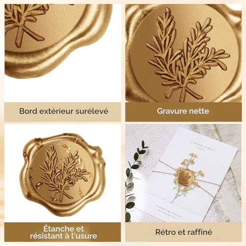 CoKeeSun 50 Pièces Sceau de Cire Dorés, Cachet de Cire Autocollant, Romarin Autocollants Vintage Pour Invitation de Mariage, Anniversaire, Noël, Fête – vue 3