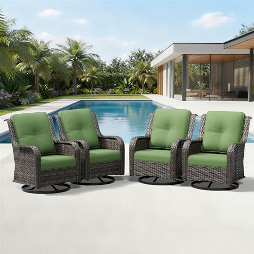 Image of Joyside 4 Piece Outdoor Swivel Rocker Patio Chairs, Wicker Patio Furniture with High Back, Deep Seating, Wide Armrest, Thickened Cushions, Outdoor Rattan Furniture for Deck, Porch Use