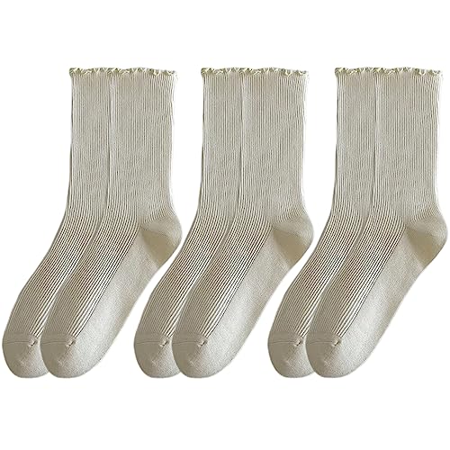 Image of MarJunSep Women's Cute Ruffle Frilly Socks Neutral Thin Cotton Knit Crew Socks Ribbed Slouch Lettuce loafer Socks Teen Girls
