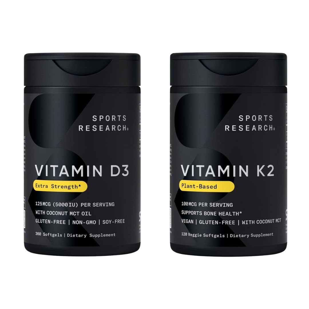 Sports ResearchHeart and Bones Pack - Vitamin D3 5000iu (125mcg) + Vitamin K2 as MK-7 100mcg with Coconut Oil