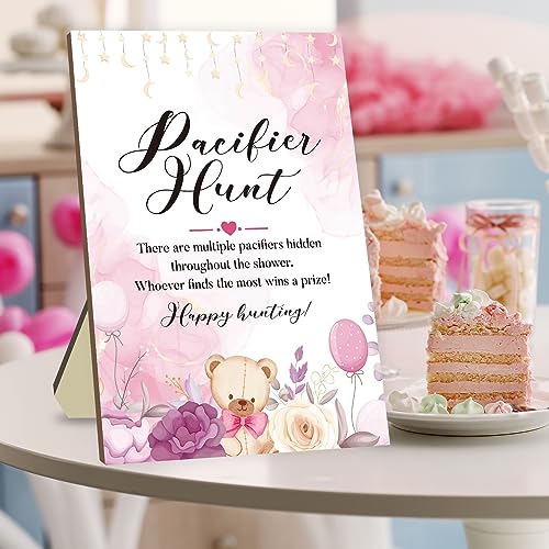 Image of Baby Pacifier Hunt Game Set, Pacifier Hunt Baby Shower Games Baby Pacifier Hunt, Include Wooden Bear Theme Pacifier Hunt Sign Board Baby Shower Sign Board with 50 Pink Acrylic Baby Pacifiers