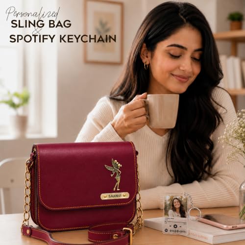 Image of SAVRI Personalized Rakhi Gift for Sister | Customized Leather Sling Bag with Name & Charm and Spotify Photo Keychain with Favourite Song, Personalised Gift Combo for Sister, Behan, Didi- Bro Sis Gift