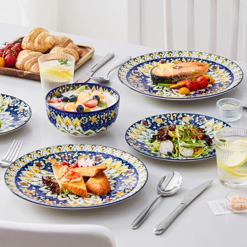 Image of vancasso 12 Pieces Dinnerware Sets, Blue Plates and Bowls Set, Porcelain Dishes Set for 4, Microwave and Dishwasher Safe, Scratch Resistant, Bohemian Style Dining Ware Service for 4, Series SIMI