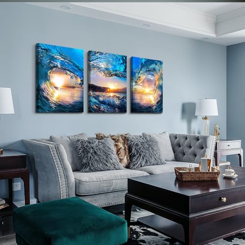 Lapremoly Wall Decor for Living Room & Bedroom - Canvas Wall Art - Ocean Waves Sunrise - Modern Bathroom Home Decoration - Ready To Hang - 16x24 in