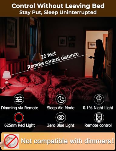 Image of LED Red Light Bulbs for Sleep with Remote Control, E26 Circadian Light Bulb A15, 5W(40W Equivalent) for Sleep Therapy, Baby Nursery, Bedroom (4 Packs)