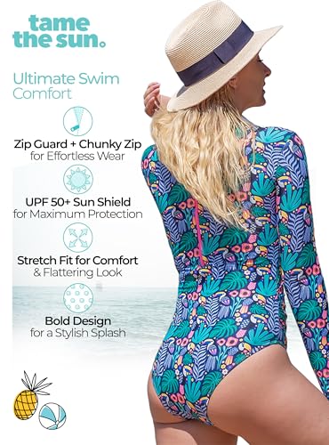 Image of Tame the Sun Long Sleeve Swimsuits for Women - One Piece Tummy Control, UPF 50+ Bathing Suit - Rash Guard, Zipper Swimwear