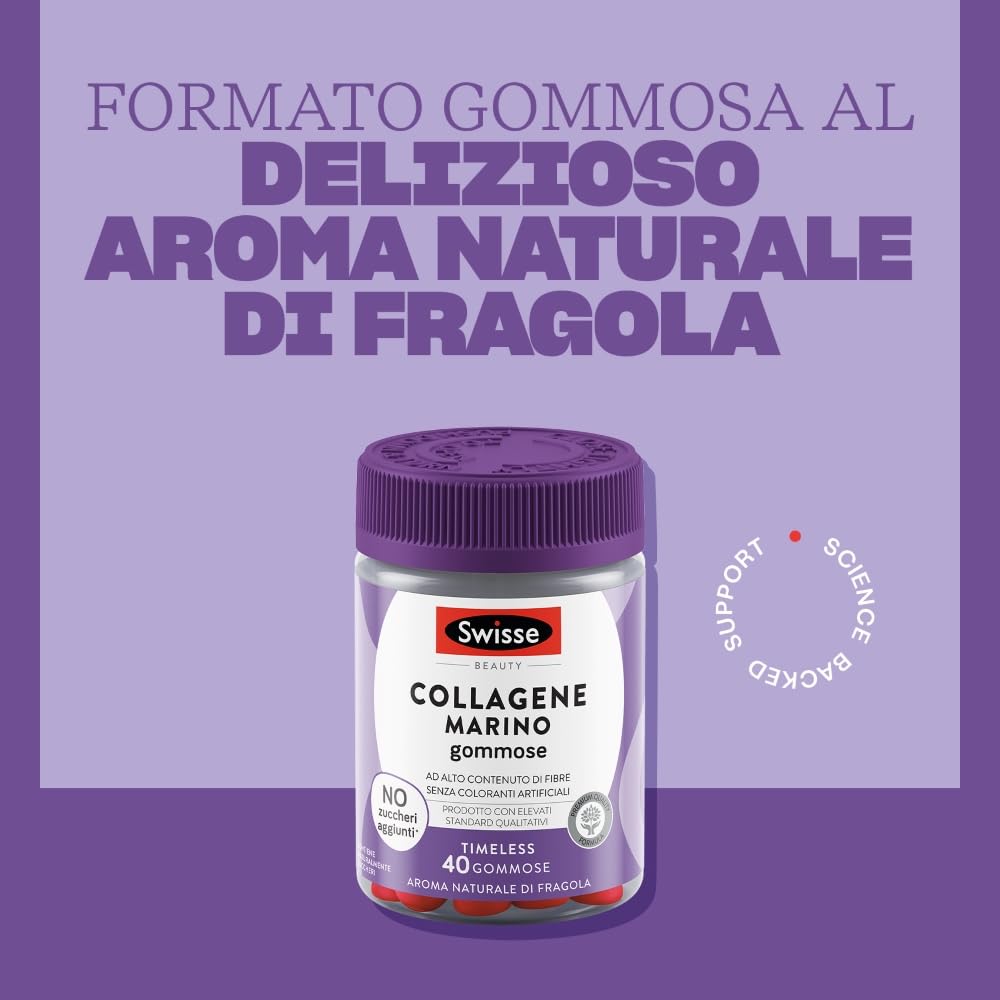 SWISSE Beauty - Collagene Marino 100% per Mantenimento Strutturale della Pelle in Salute, Integratore Alimentare Donna e Uomo con Peptidi di Collagene, 40 Pastiglie Gommose, Aroma Naturale di Fragola