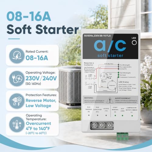Kit de arranque suave AC 08-16A para aire acondicionado HVAC 1.75-3.5 Ton 230V, reduce corriente de arranque en 70% con protección de inversión del motor, módulo de arranque suave silencioso para hogar, RV, camper miniatura 2