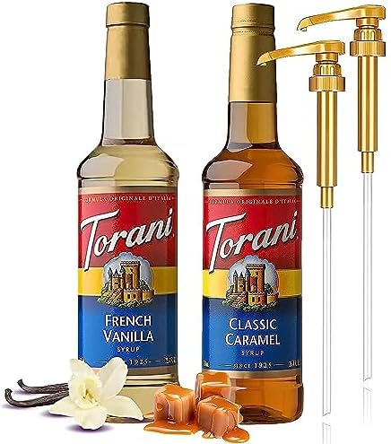 Jimoco Syrup Pump Dispenser with Torani Coffee Syrup Variety Pack - French Vanilla and Classic Caramel Syrup for Coffee with 2 Jimoco Syrup Pump Dispenser Compatible with Torani Syrup 25.4 oz Each