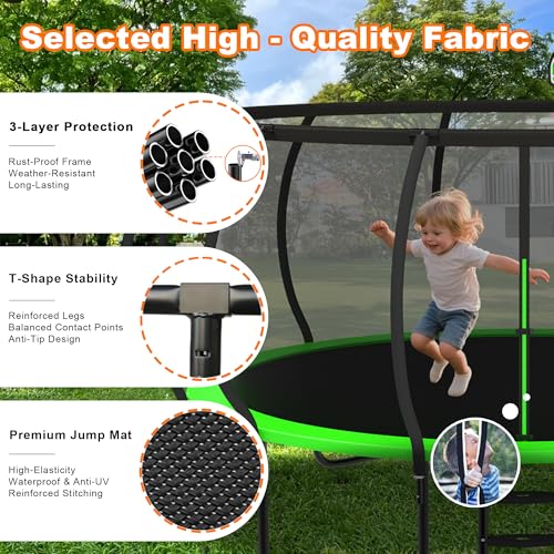 DeepRoar Tranpoline 8/10/12/14/15/16FT Pumpkin Tranpoline for Kids, Heavy Duty Outdoor Tranpolines with Basketball Hoop, Safety Enclosure Net, Light, Sprinkler, Socks, ASTM Approved