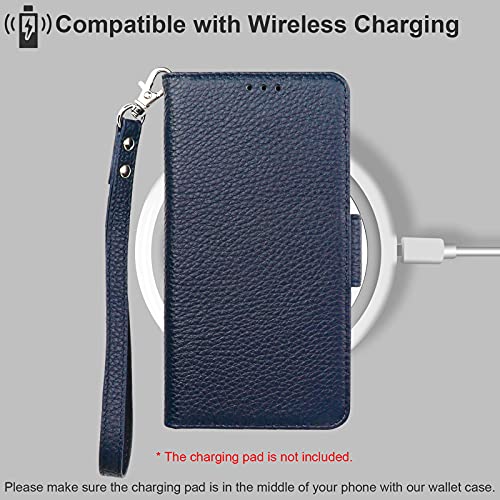 Bocasal Wallet Case For Iphone 12/12 Pro, Genuine Leather Support Wireless Charging Rfid Blocking Flip Case Card Slots Holder, Kickstand Book Folding Folio Cover With Wrist Strap 6.1 Inch (Dark Blue) #TOP6