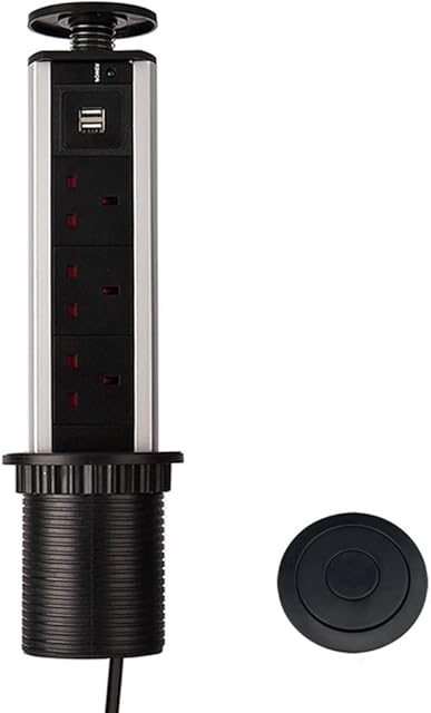 Pull Pop Up Electrical Plug Socket with USB for Kitchen Worktops (Black)