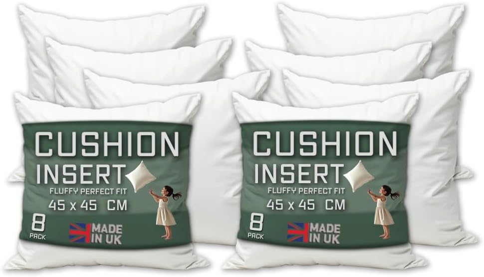 Cushion Inserts 18" x 18" Pack of 8 Cushion Inner Pads (45 x 45 cm) - White Square Bounce Back Decorative Scatter Cushion Stuffers - Sofa Bed Couch Pillows